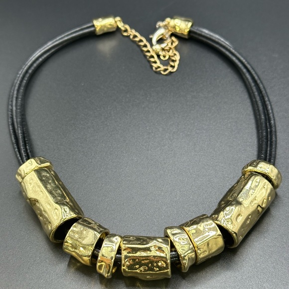 Chicos chunky hammered gold tube beads with four leather strands, NWOT - Picture 3 of 12